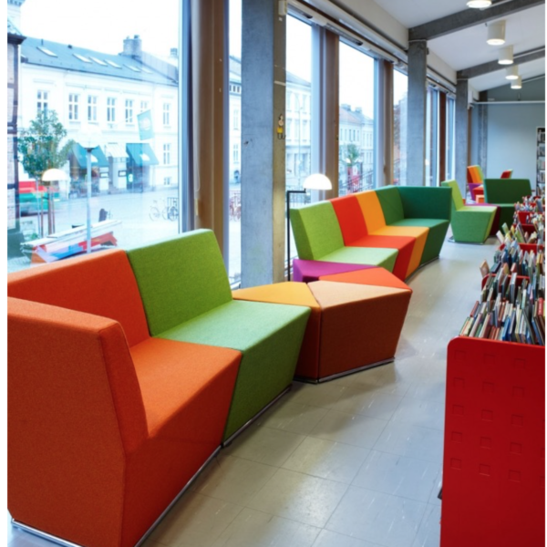 Bright custom banquette seating to bring joy into the space.