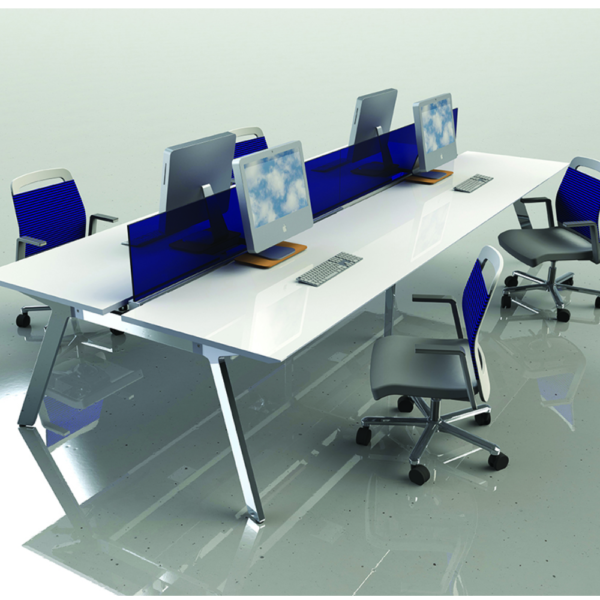 Clean and modern multistation work table with monitor stands.