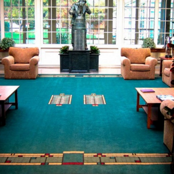 Lobby with custom design carpet.